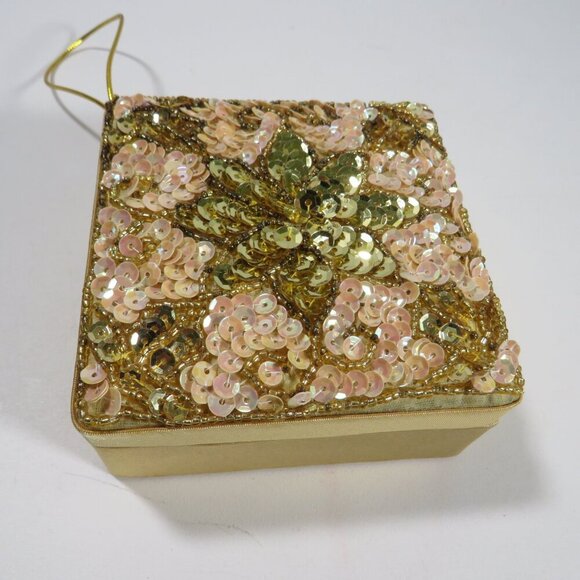 Other - Sequence Satin Covered Box Ornament in Gold and Pinky Peach 90s
